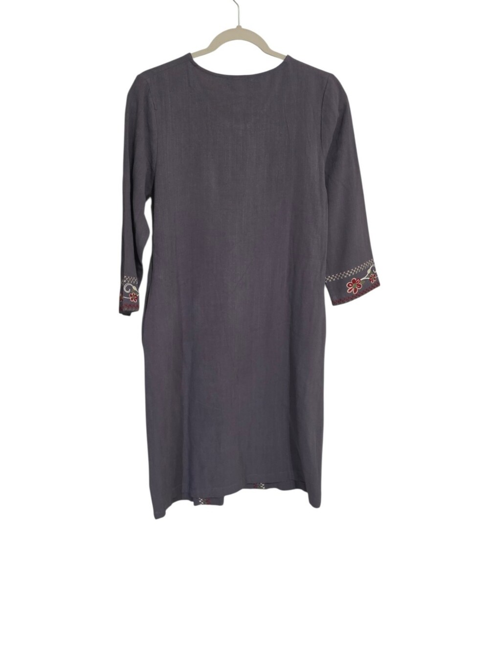 Hidden Alley Gray Linen Floral Embroidered Midi Dress S Lagenlook Indie Earthy - Picture 2 of 5